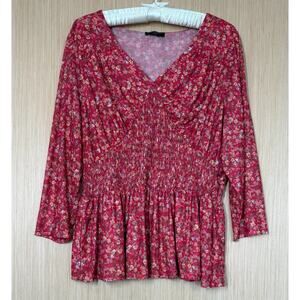 Lane Bryant Floral Smocked Mesh Babydoll Top Womens Size 18 20 Lined 3/4 Sleeve